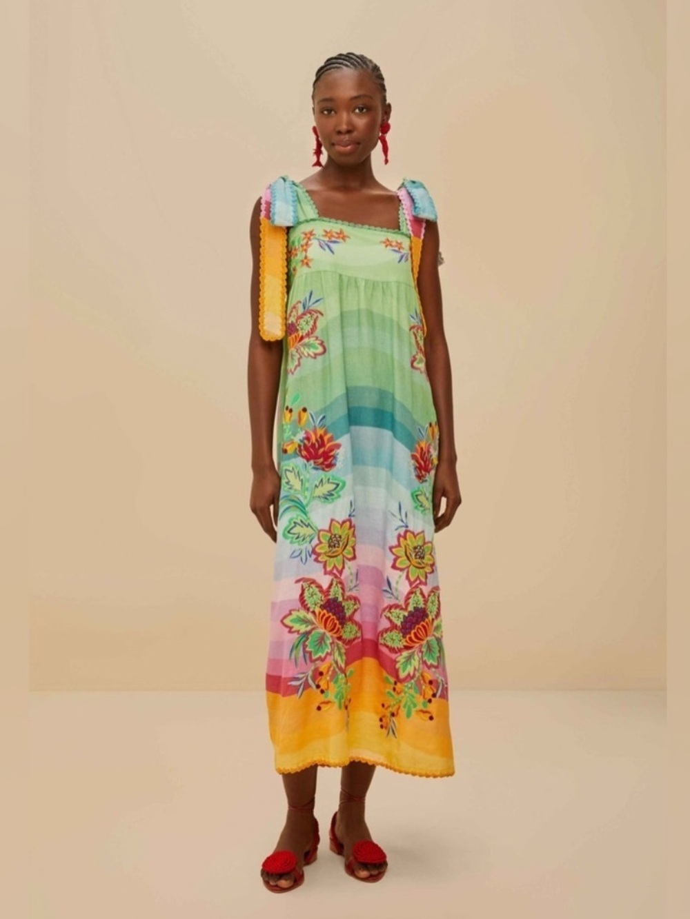 FARM Rio Aura Floral Embroidered Rainbow Maxi Dress Linen S